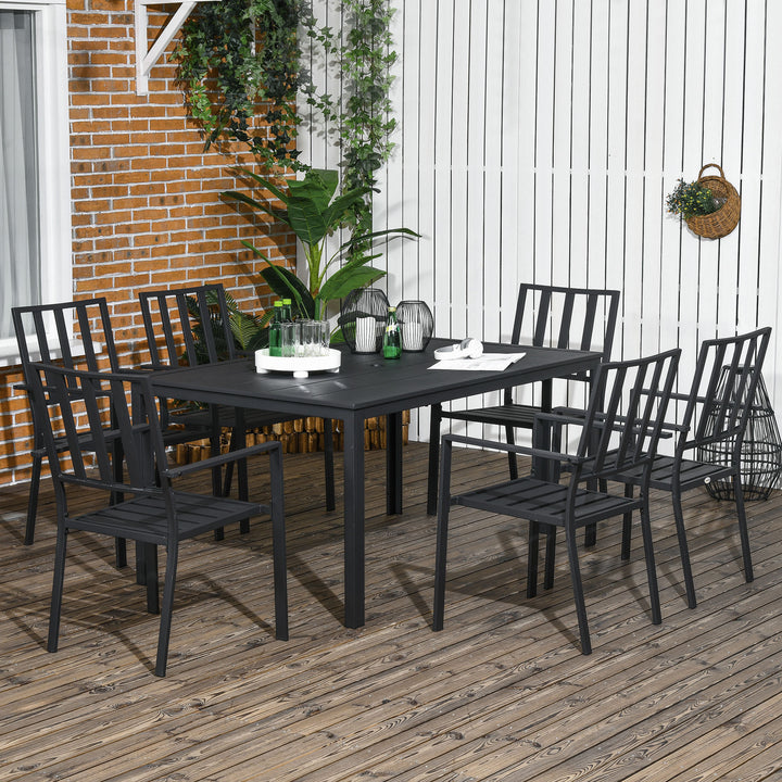 Outsunny 7 Pieces Garden Dining Set, Outdoor Table and 6 Stackable Chairs, Metal Top Table with Umbrella Hole, Black