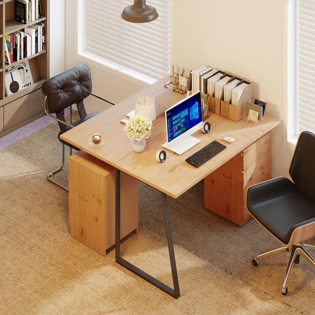 MCL Computer Desk, Writing Desk with Cabinet, Drawer, Metal Legs, Work Table for Home Office Study, Natural Wood Finish