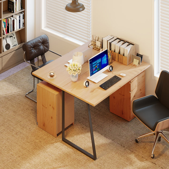 MCL Computer Desk, Writing Desk with Cabinet, Drawer, Metal Legs, Work Table for Home Office Study, Natural Wood Finish
