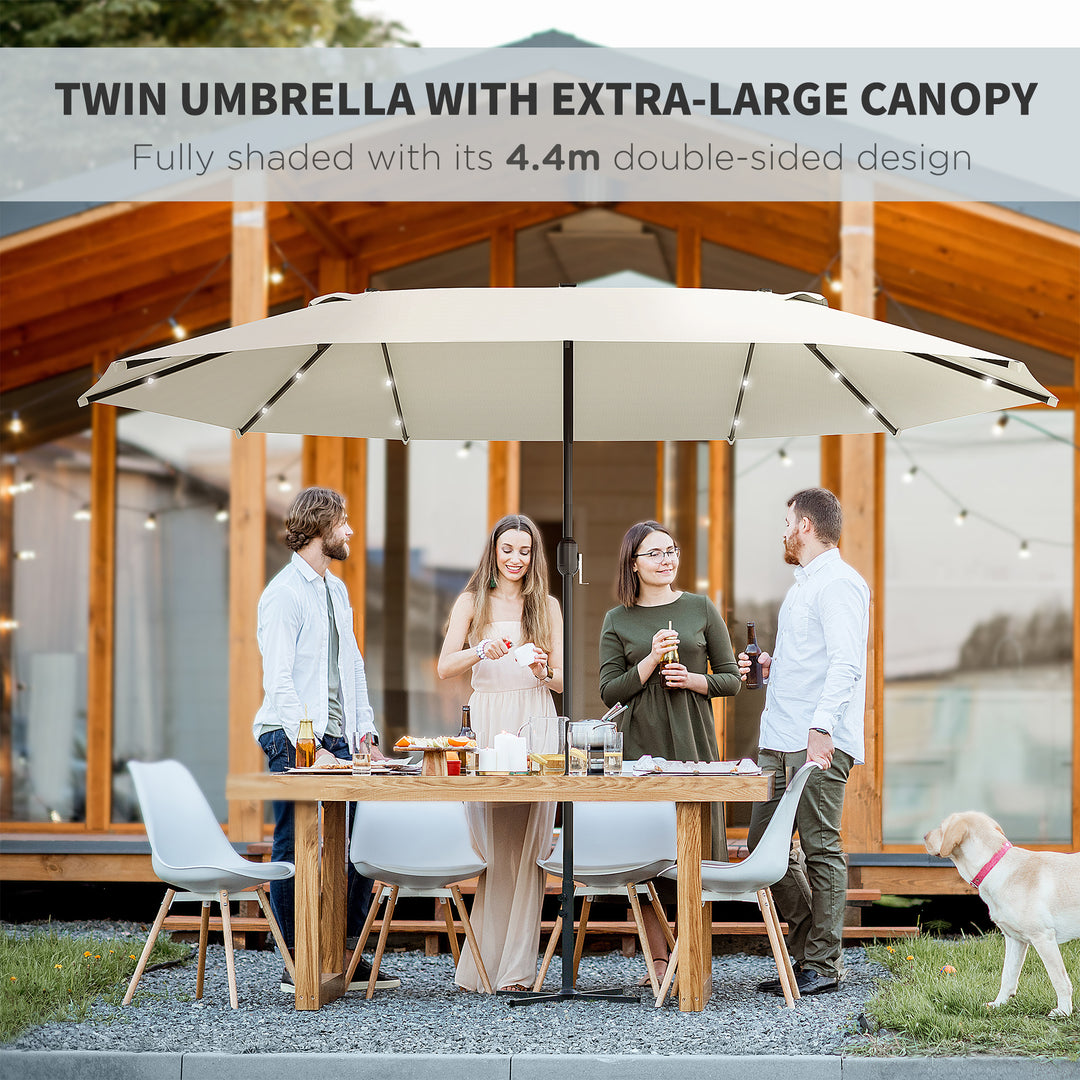 4.4m Double-Sided Sun Umbrella Patio Parasol LED Solar Lights Cream White