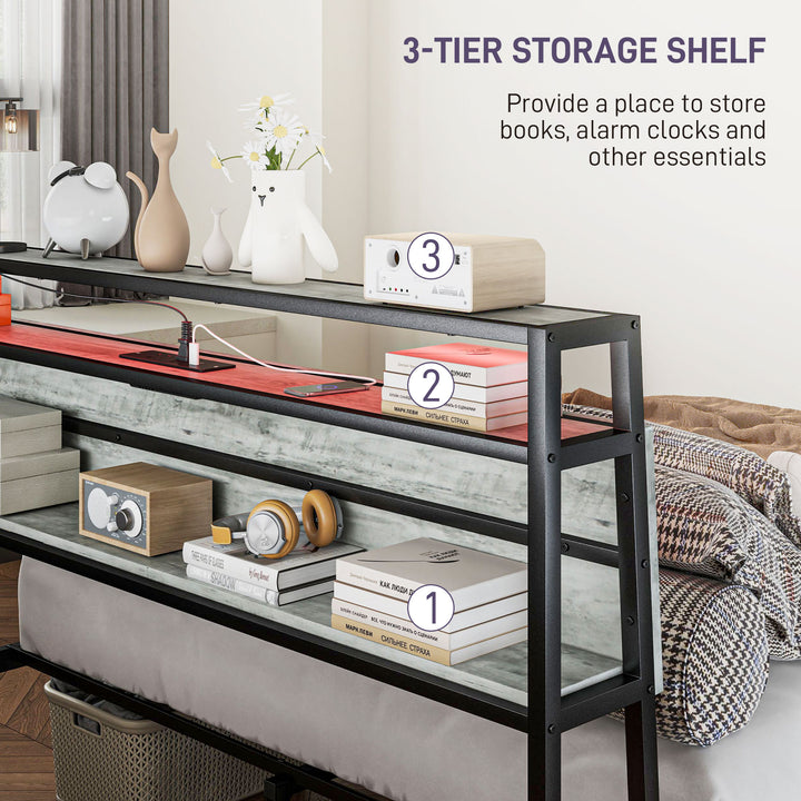 King Steel Bed Frame, with LED Lights and Headboard Shelf - Grey