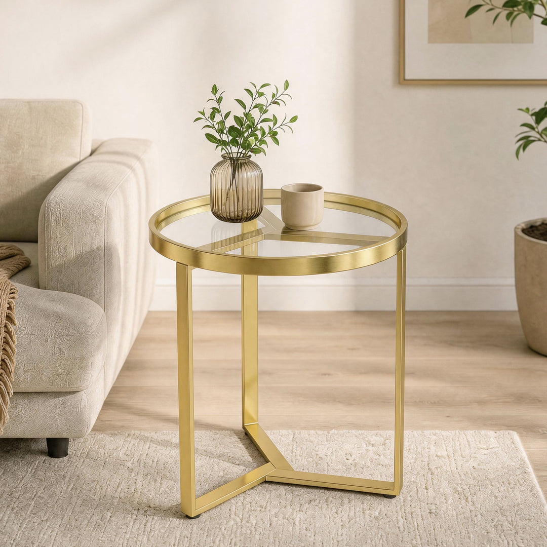 Round Side Table with Tempered Glass Top and Geometric Metal Frame for