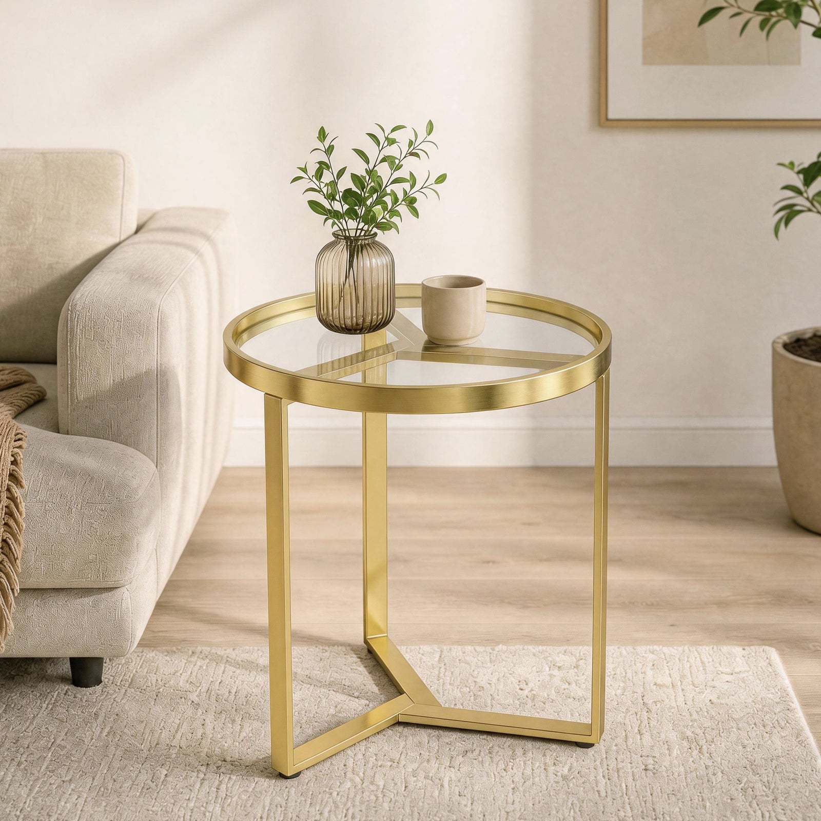 Round Side Table with Tempered Glass Top and Geometric Metal Frame for