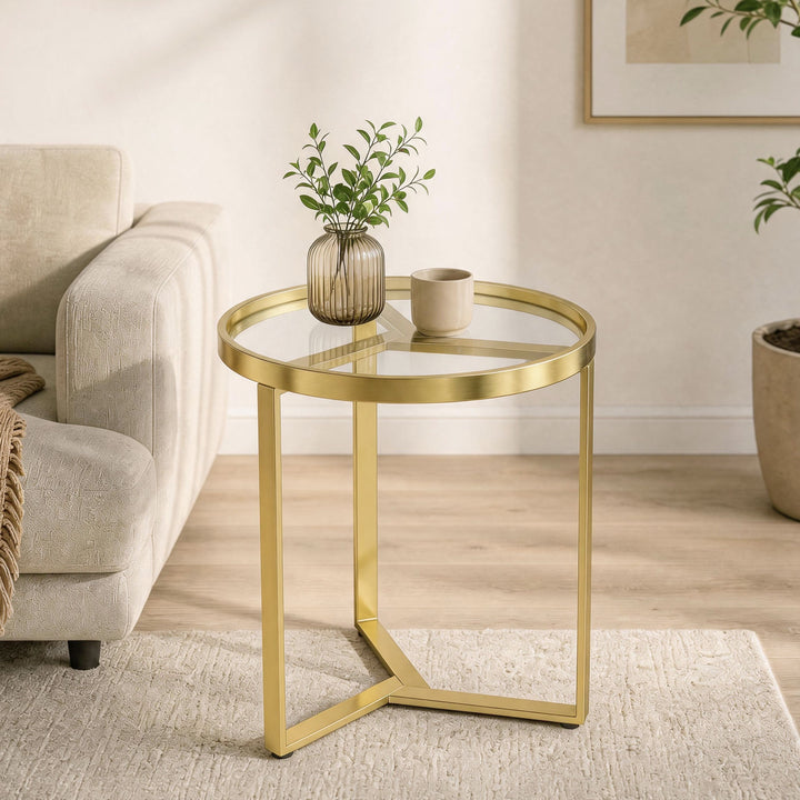 Round Side Table with Tempered Glass Top and Geometric Metal Frame for