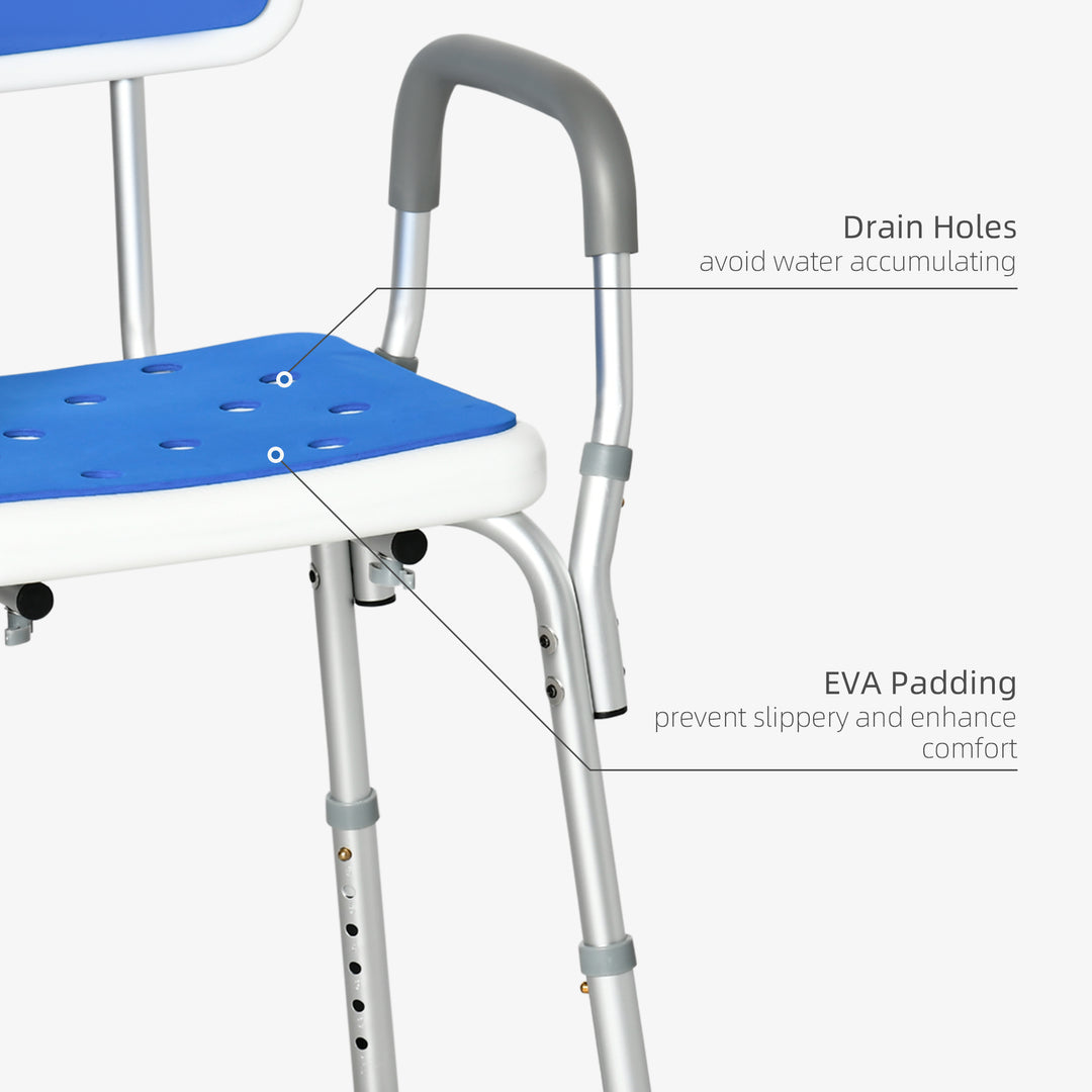 HOMCOM Shower Stools Shower Seat for Elderly and Disabled, EVA Padded, Height Adjustable with Back and Arms, 4 Suction Foot Pads, Blue | Aosom UK