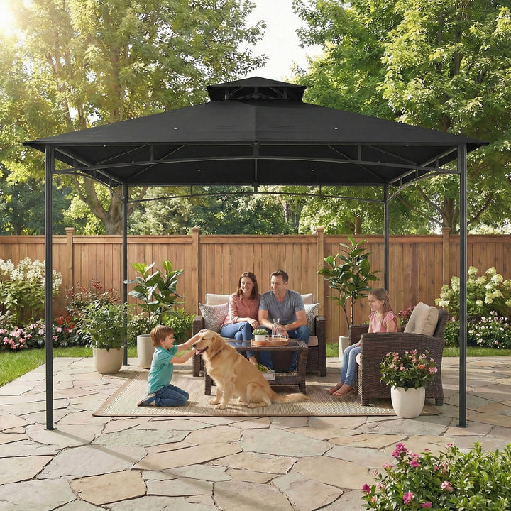 3 x 3 m Gazebo, Garden Gazebo with 2-Tier Roof, Metal Frame, Black