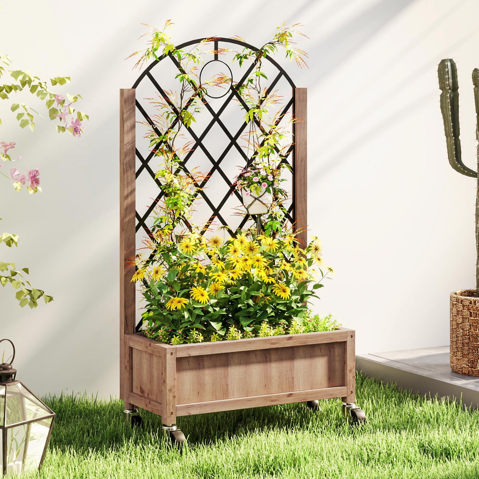 Wooden Planter, with Metal Trellis - Brown/Black