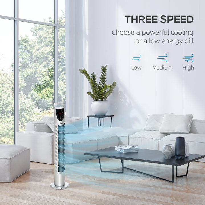 31" Oscillating Tower Fan with Remote Control, 7.5H Timer, 3 Speed 3 Modes, Electric Floor Standing Cooling Fan for Home Bedroom Office, Silver