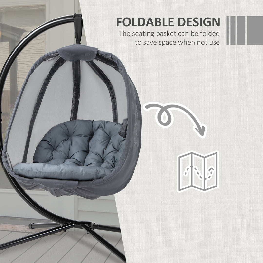 Hanging Egg Chair, Folding Texteline Swing Hammock with Side Pocket, Cushion and Stand for Indoor Outdoor, Patio Garden Furniture, Grey