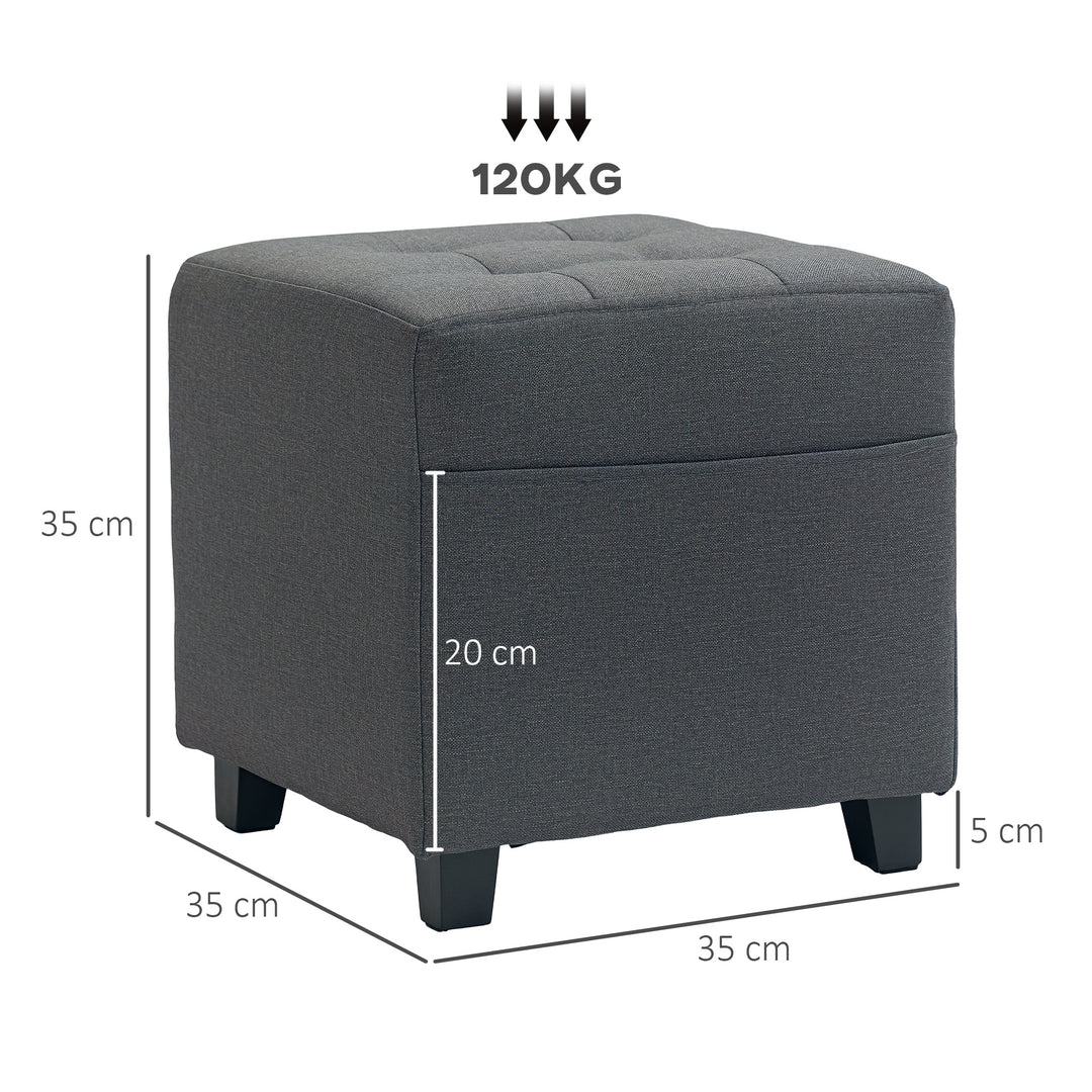 Square Footstool, Small Ottoman with Side Pocket, Linen Fabric Footrest Foot Stool with Rubber Wood Legs and Padded Seat for Living Room, Bedroom, Entryway, 35 x 35 x 35cm, Grey