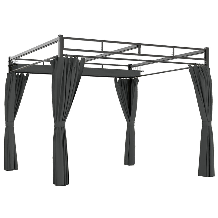 3 x 3 m Pergola with Retractable Roof Canopy and Curtains, UPF30+ Metal Frame Garden Pergola Gazebo Sun Shade