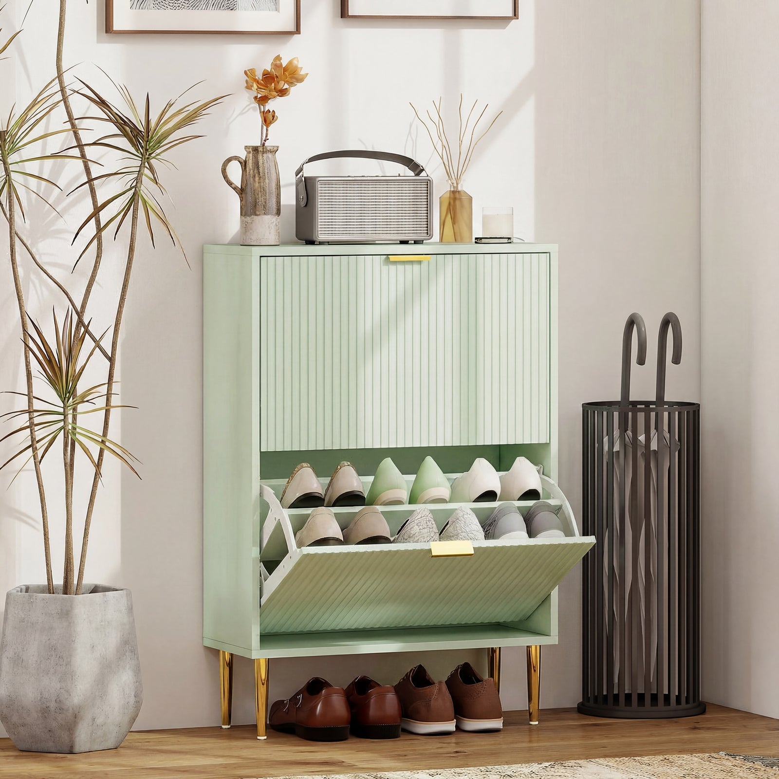 Elegant Two-Drawer Shoe Cabinet - Light Green