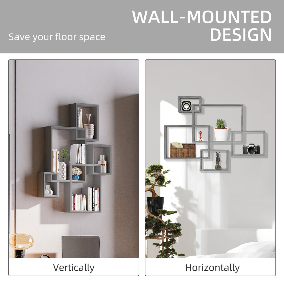 HOMCOM Interlocking Cube Floating Shelves, Wall Mounted, Display Shelf for Living Room, Bedroom, Hallways, Grey