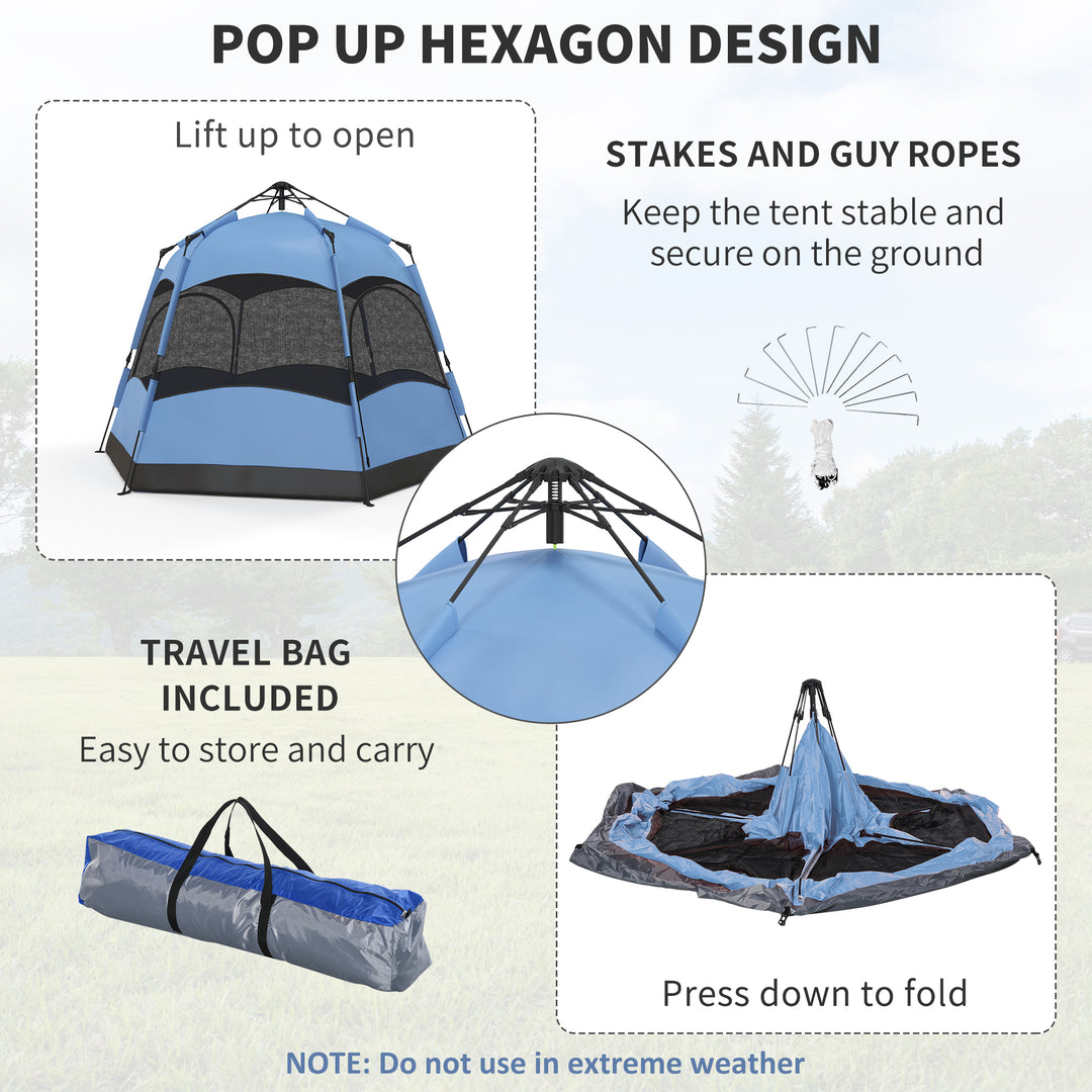 Six Man Hexagon Camping Tent with Hang Hook and Carry Bag - Blue and Black
