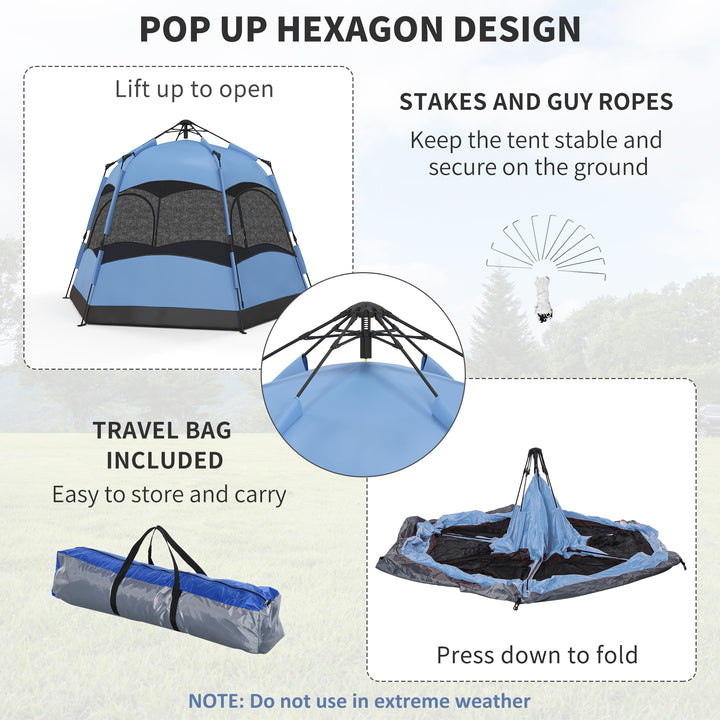 Six Man Hexagon Camping Tent with Hang Hook and Carry Bag - Blue and Black