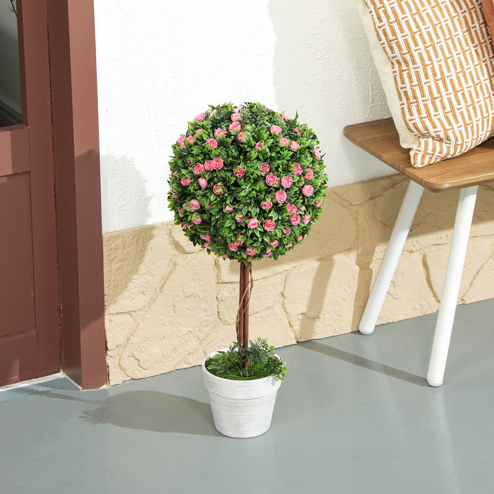 Set of 2 Decorative Artificial Plants, Ball Topiary Tree with Rose Flower in Pot, Fake Plants for Home Indoor Outdoor Decor, 60cm, Pink