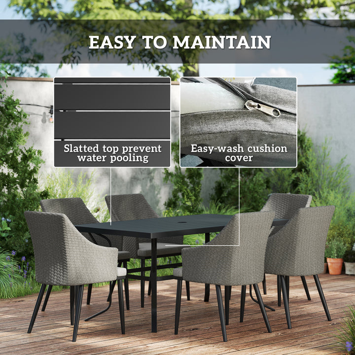 6 Seater Rattan Dining Set with Cushions, Garden Furniture Set with Armchairs, Rectangle Slatted Table Top, Steel Frame, Parasol Hole, Wicker Outdoor Furniture for Patio, Balcony, Grey