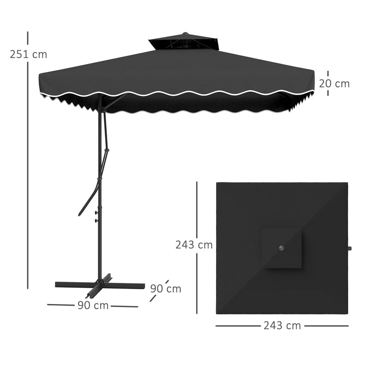 2.5m Cantilever Parasol with Easy Lever, Square Double Top Garden Parasol Umbrella with Ruffles and Cross Base, Overhanging Outdoor Sun Shades, Black