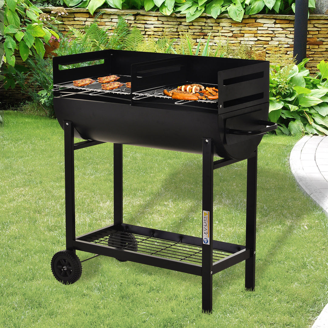 Outsunny Charcoal Barbecue Grill Garden BBQ Trolley w/ Dual Grill, Adjustable Grill Nets, Heat-resistant Steel, Wheels, Black | Aosom UK