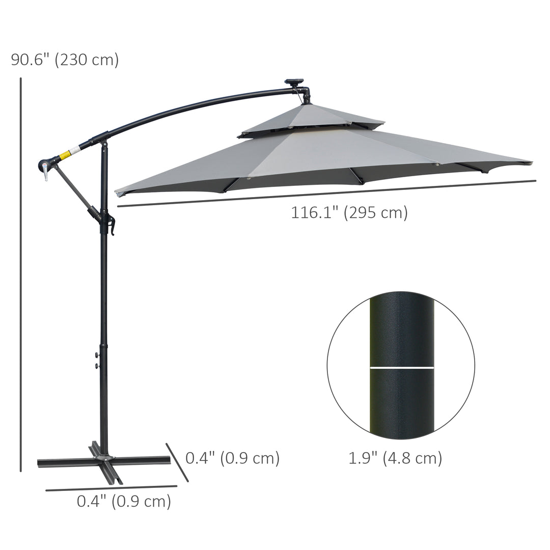3(m) Cantilever Banana Parasol Hanging Umbrella with Double Roof, LED Solar lights, Crank, 8 Sturdy Ribs and Cross Base for Outdoor, Garden, Patio, Light Grey