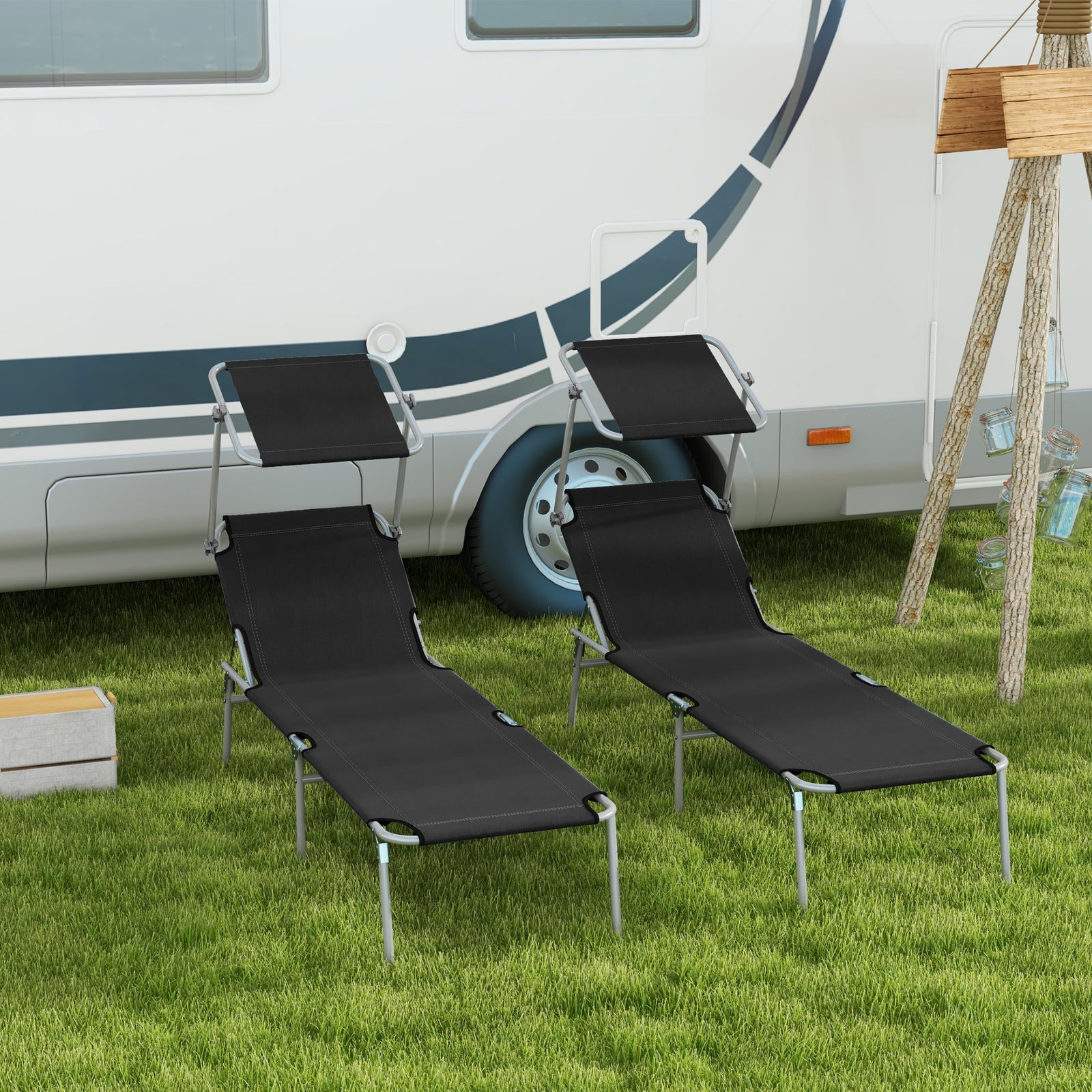 Foldable Sun Lounger Set of 2 with Sun Shade & Adjustable Backrest - Black