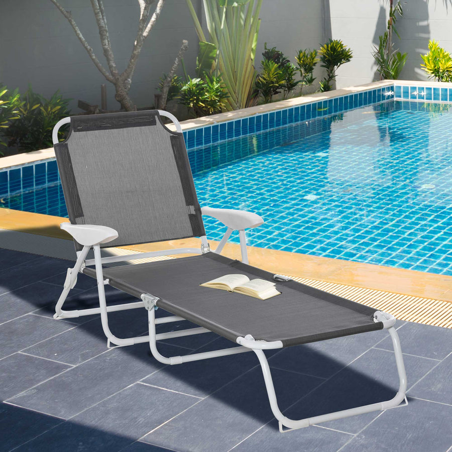 Foldable Sun Lounger, Outdoor 4 Level Adjustable Backrest Reclining Lounge Chair with Armrests for Patio, Garden, Dark Grey