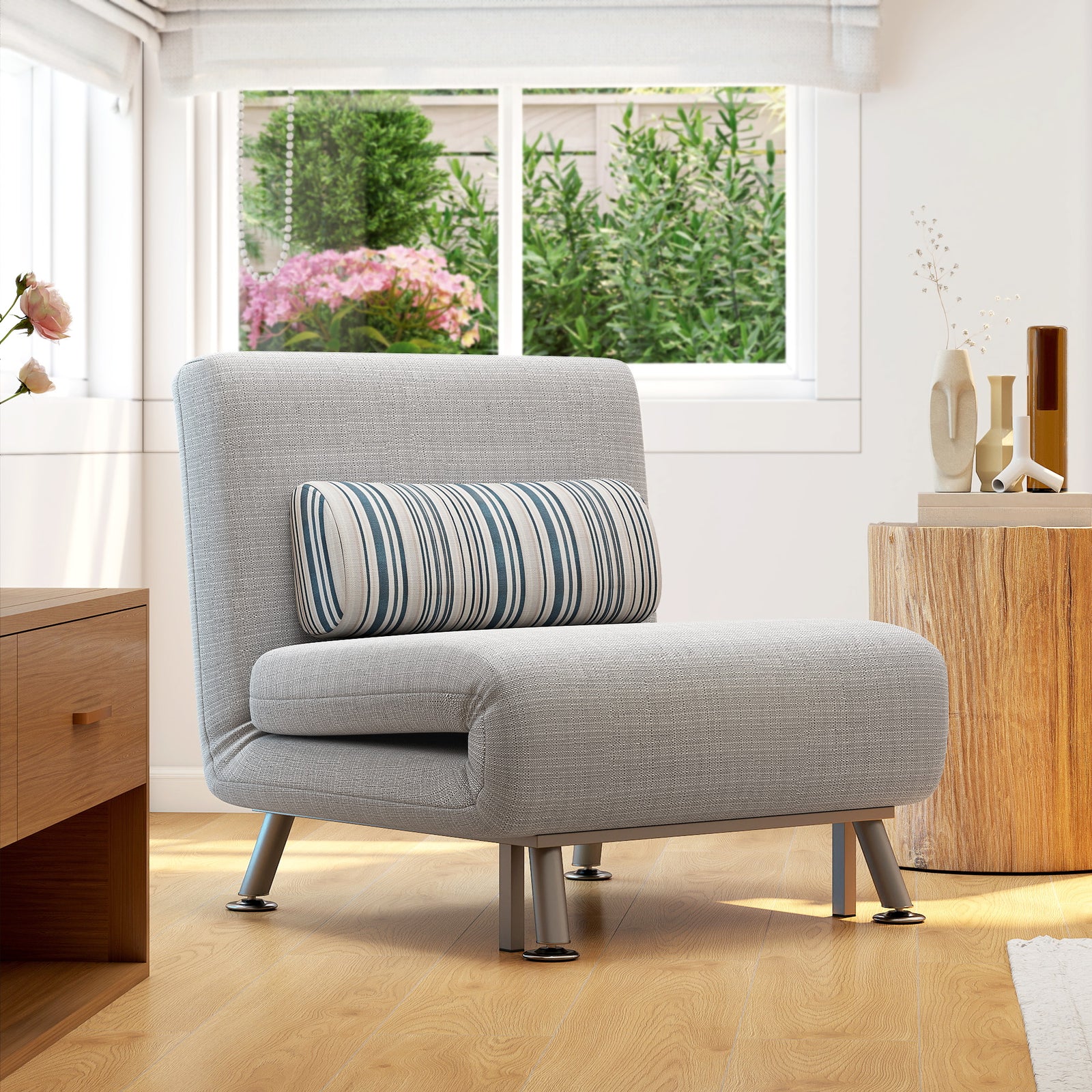 Single Sofa Bed, 1 Person Sleeper Foldable Lounge with Pillow, Grey