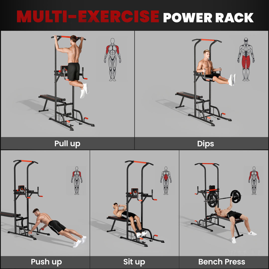 MCL Multifunction Power Tower Home Workout Dip Station w/ Sit-up Bench Push-up Bars and Tension Ropes Fitness Equipment Office Gym Training