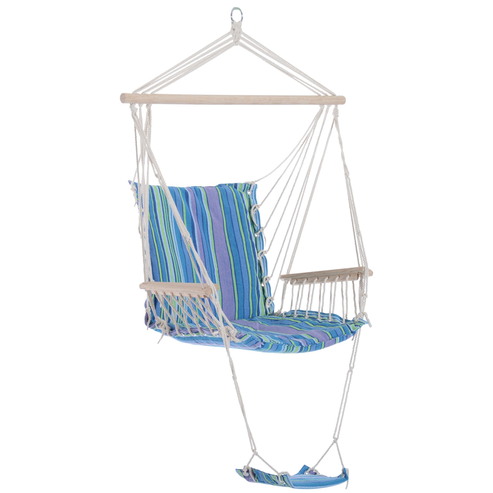 Hanging Rope Chair with Soft Padded Seat & Backrest, Portable Garden Hammoc Chair with Wooden Support Bar, Armrests, Cotton Cloth, Footrest, for Patio & Tree, Blue