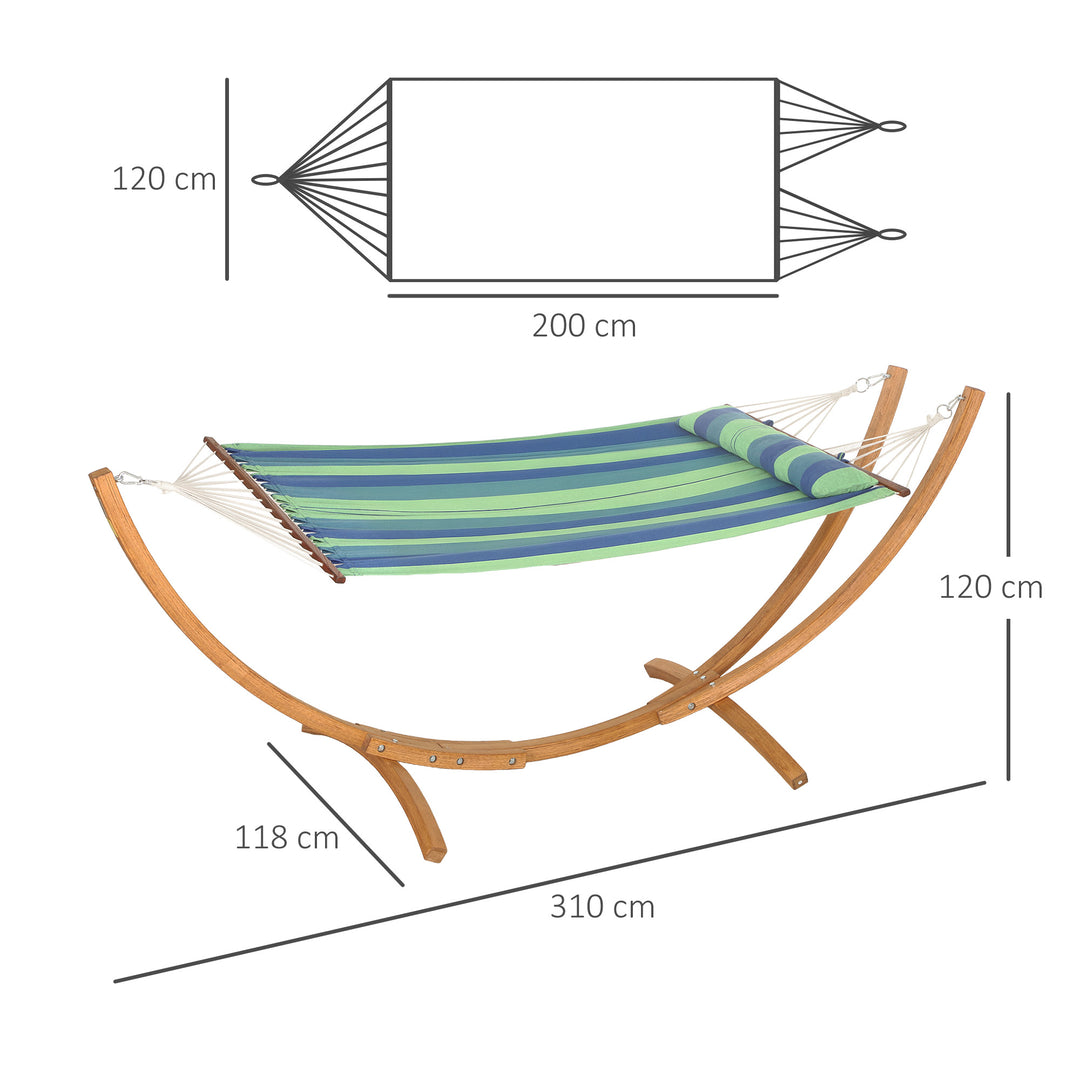 Outdoor Hammock with Stand, Garden Hammock with Triple-Head Eucalyptus Wood Arc Frame, 1 Person Cotton Bed and Head Pillow, Freestanding Garden Swing Bed for Patio, Blue Stripe