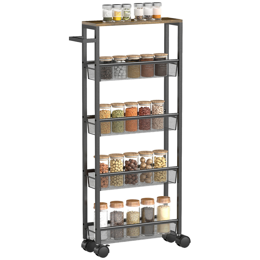 Slim Storage Trolley, 5-Tier Kitchen Cart on Wheels with Wood-effect Top, Handle for Living Room, Bathroom