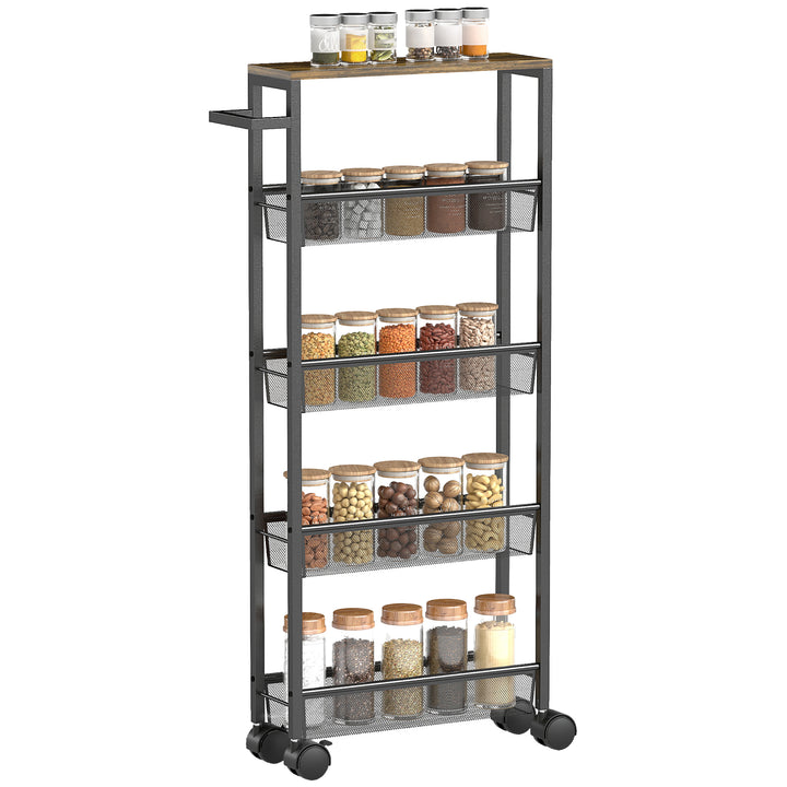 Slim Storage Trolley, 5-Tier Kitchen Cart on Wheels with Wood-effect Top, Handle for Living Room, Bathroom