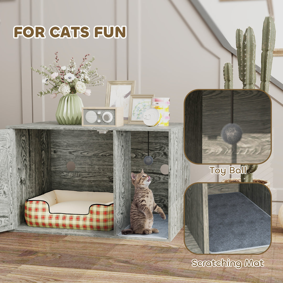 Cat Litter Box Enclosure with Rattan Door, Scratching Mat, Toy Ball, Non-Slip Foot Pads, Grey