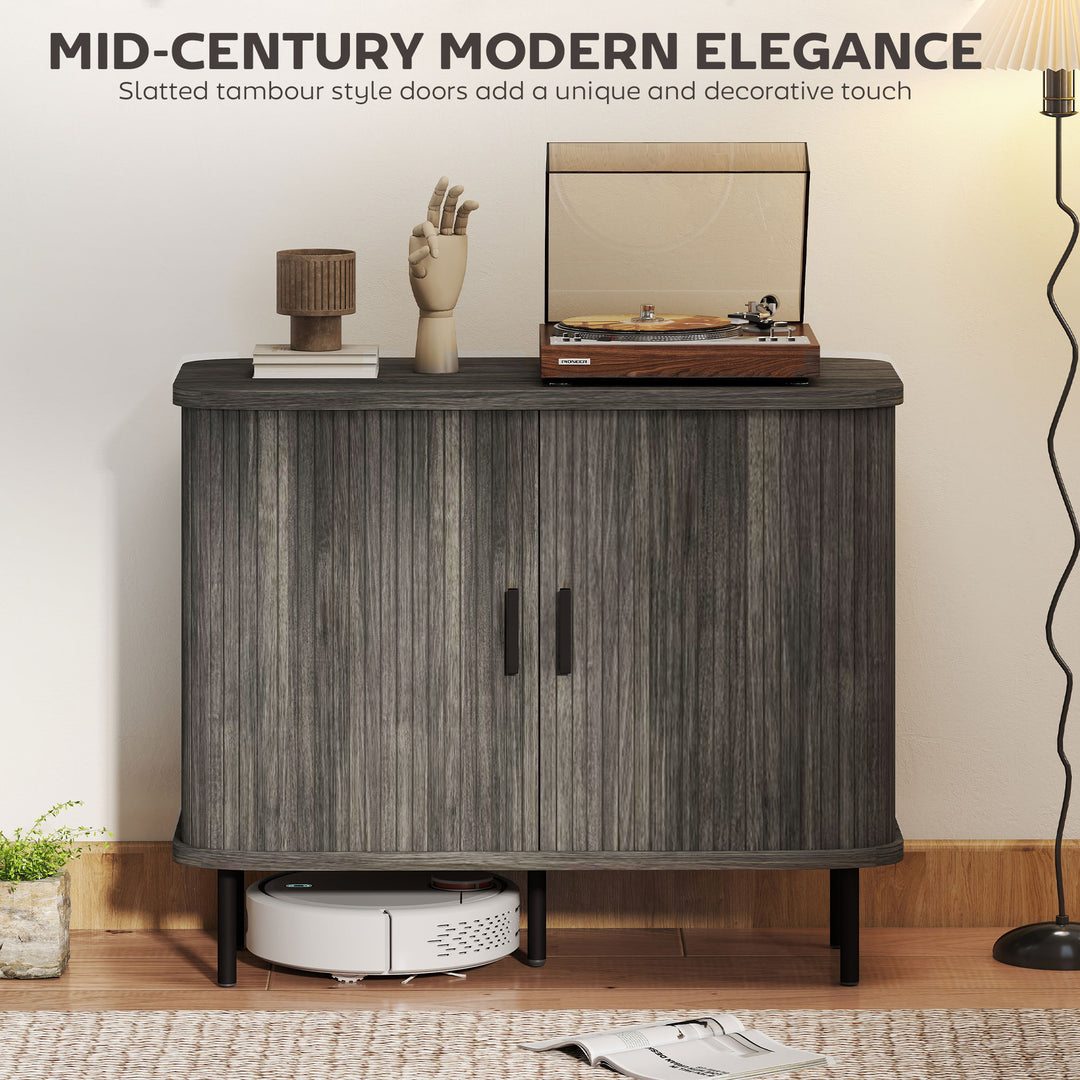 Mid-Century Modern Sideboard Storage Cabinet with Slatted Tambour Sliding Doors, Kitchen Cabinet with Steel Legs, Grey