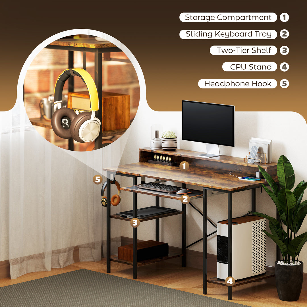Computer Desk with LED Lights and Power Outlets, 120 x 55 cm Gaming Desk with Monitor Stand, Sliding Keyboard Tray and Storage Shelves for Home Office, Rustic Brown