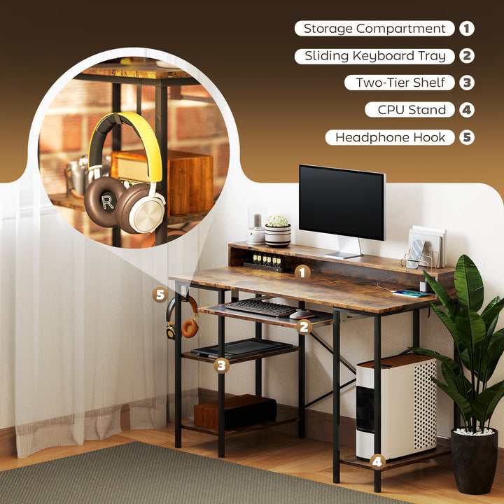 Computer Desk with LED Lights and Power Outlets, 120 x 55 cm Gaming Desk with Monitor Stand, Sliding Keyboard Tray and Storage Shelves for Home Office, Rustic Brown