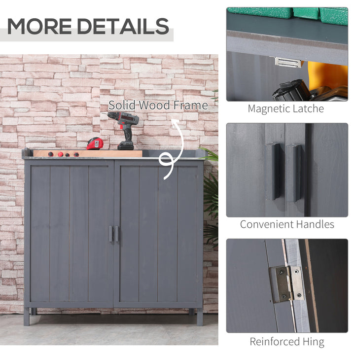 Garden Storage Cabinet, Outdoor Tool Shed, Potting Bench Table with Galvanized Top and Two Shelves for Yard Tools or Pool Accessories, Grey