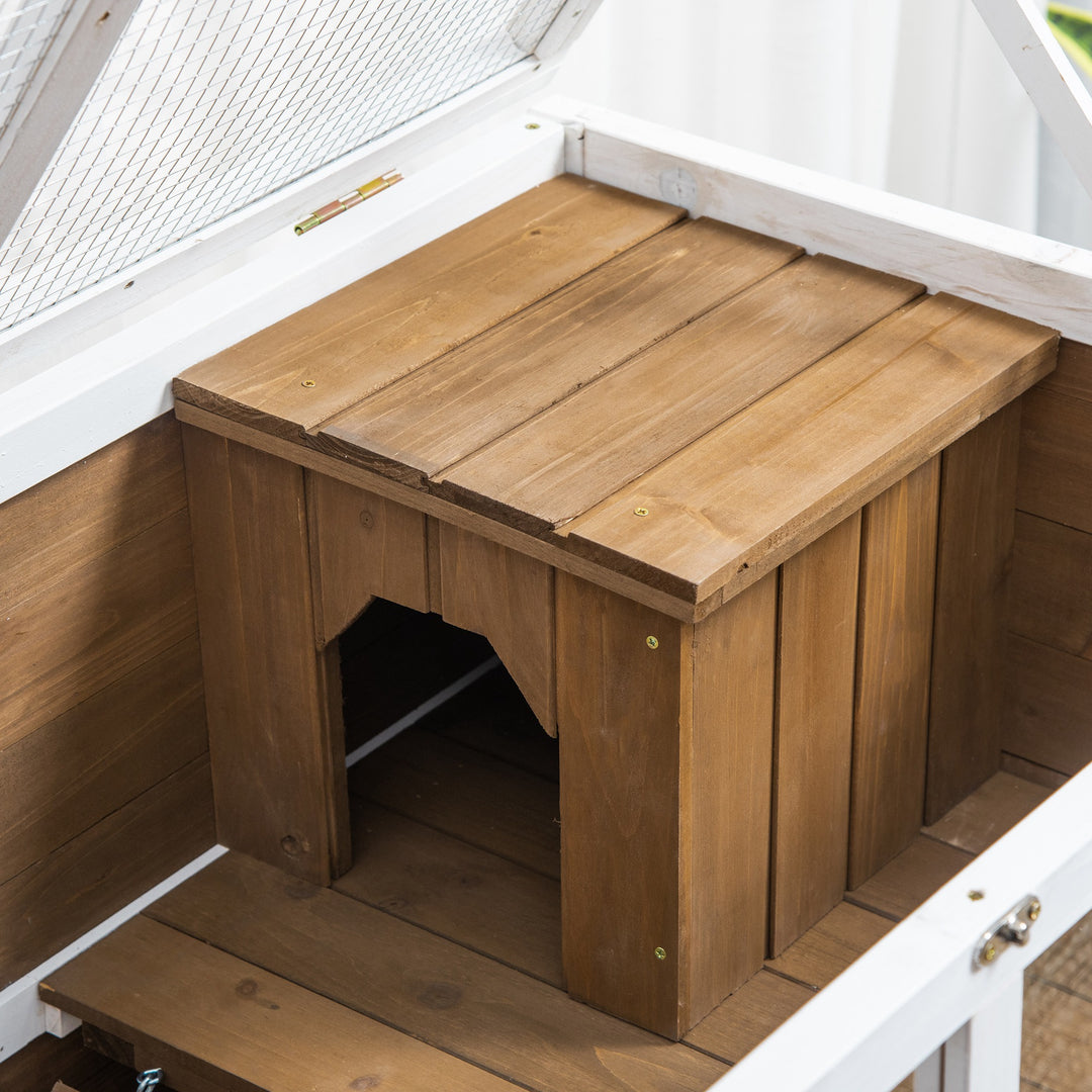 Wooden Rabbit Hutch, Bunny Cage w/ Tray, Ramp, Openable Roof, Wheels, 91.5 x 53.3 x 73cm - Brown