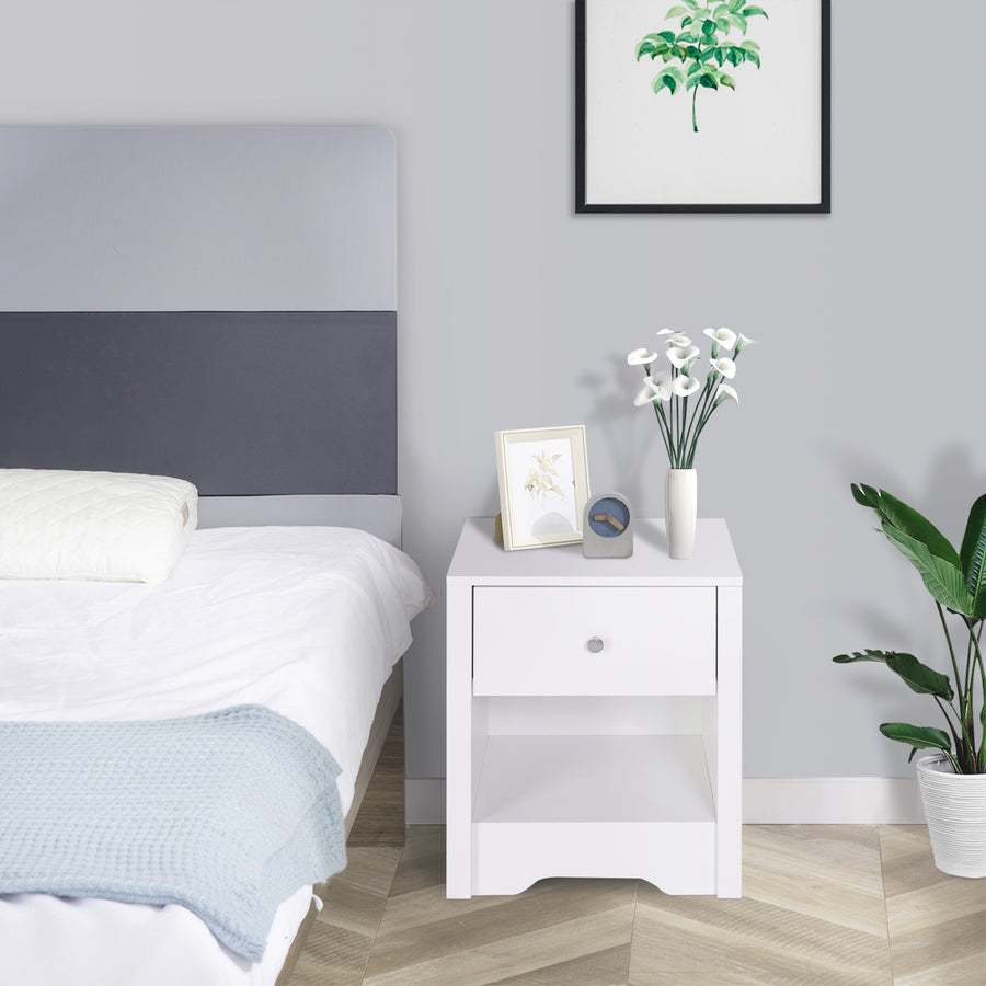 Modern Bedside Table, Nightstand with Drawer Shelf, End Table for Living room, Bedroom White