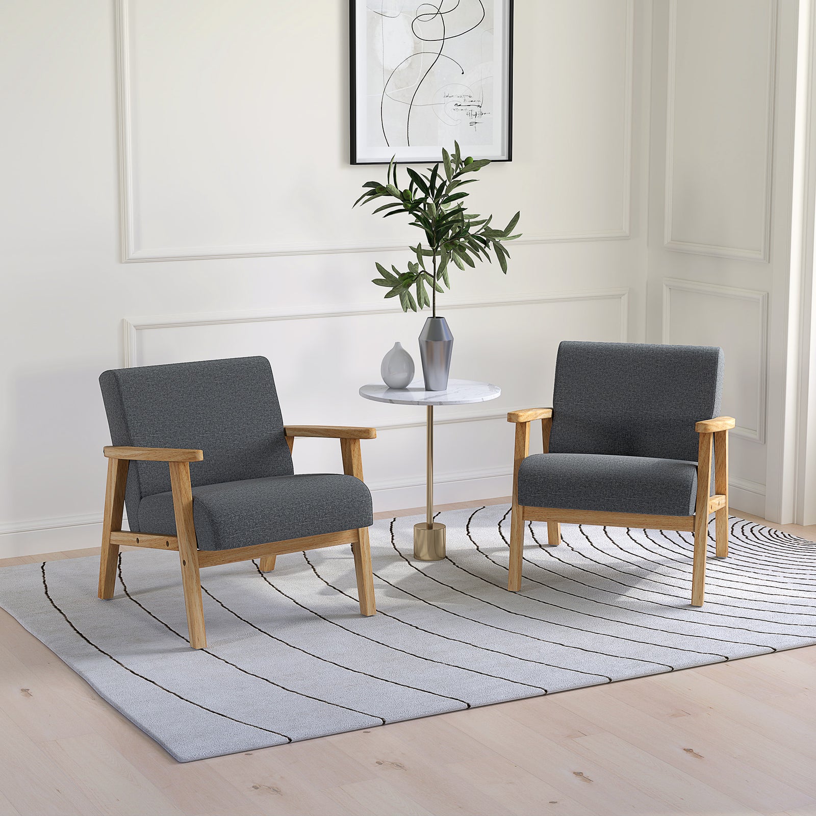 Set of 2 Accent Armchair, Living Room Chair, Wooden Upholstered Single Lounge Chair with Rubber Wood Legs and Padded Seat , Leisure Sofa Chair for Bedroom Office, Dark Grey