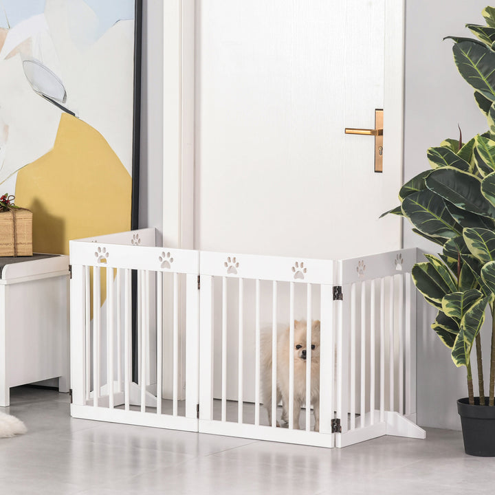 Freestanding Pet Gate 4 Panel Wooden Dog Barrier Folding Safety Fence with Support Feet up to 204cm Long 61cm Tall for Doorway Stairs White