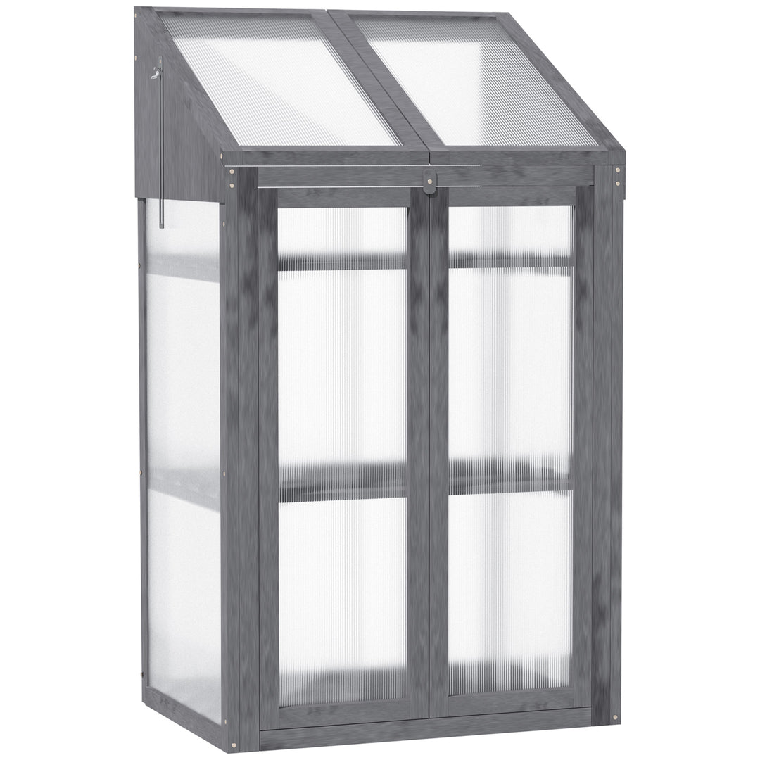 Wooden Cold Frame Polycarbonate Greenhouse with Openable Top Cover and Double Door, Grow House for Flower, Vegetable and Plants, 70 x 50 x 120cm, Grey