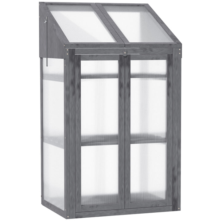 Wooden Cold Frame Polycarbonate Greenhouse with Openable Top Cover and Double Door, Grow House for Flower, Vegetable and Plants, 70 x 50 x 120cm, Grey