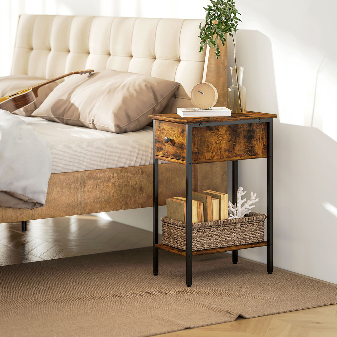 Narrow Side Table with Drawer and Storage Shelf - Rustic Brown