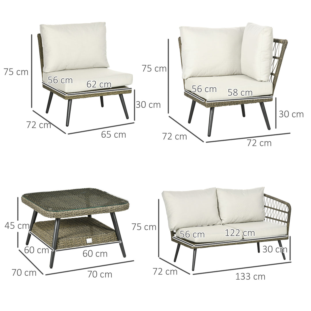 5 Pieces Outdoor Rattan Corner Sofa, Round and Twin Half-round Wicker Woven Rattan Garden Furniture w/ Thick Padded Cushions and Tempered Glass Top Two-tier Table, Grey