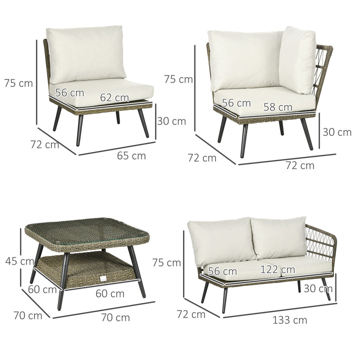 5 Pieces Outdoor Rattan Corner Sofa, Round and Twin Half-round Wicker Woven Rattan Garden Furniture w/ Thick Padded Cushions and Tempered Glass Top Two-tier Table, Grey