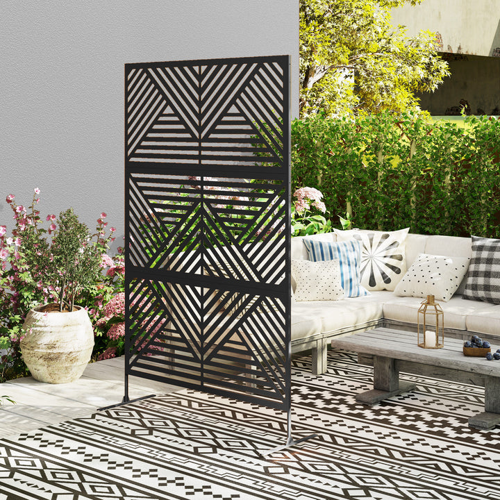 Decorative Garden Privacy Screen with Stand, 6.5FT Freestanding Metal Outdoor Divider, Decorative Privacy Panel with Expansion Screws for Garden Pool Hot Tub, Rhombus Style, Black