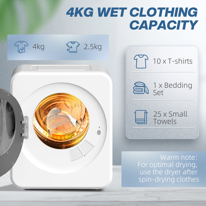 MCL 4kg Vented Tumble Dryer, 800W Compact Freestanding Front Tumble Dryer with Stainless Steel Tub and Customisable Timer, Wall-Mounted Portable Small Clothes Drying Machine, White