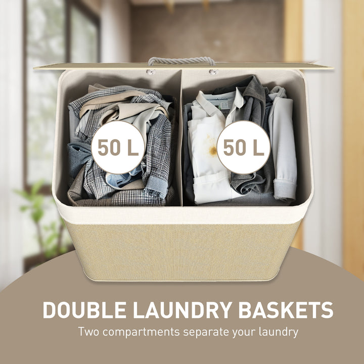 Double Laundry Basket with Lid, 100L Bamboo Laundry Hamper with Rope Handles, Washing Basket with Removable Liner for Bathroom, Bedroom, Cream White