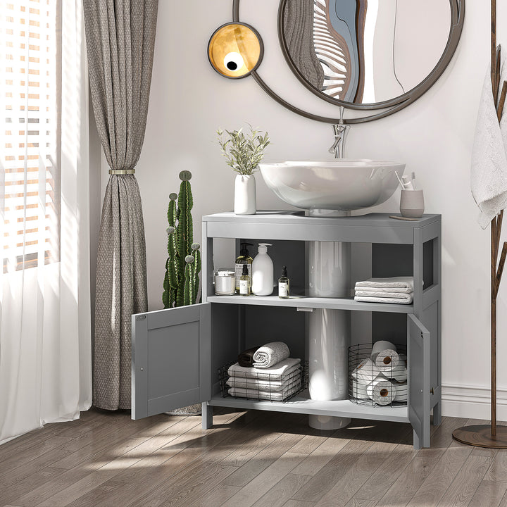 Kleankin Pedestal Under Sink Cabinet, Modern Double Door Bathroom Vanity Storage Unit with Shelves, Light Grey